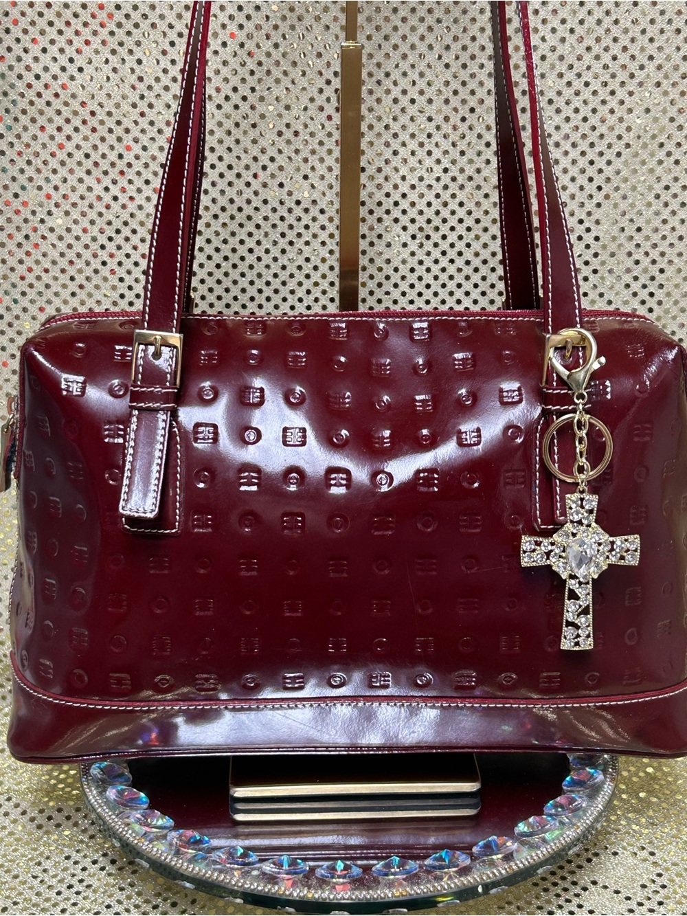 Arcadia Patent Leather Burgundy Tote Bag with Cross Charm Approx. 15 x 9 x 4